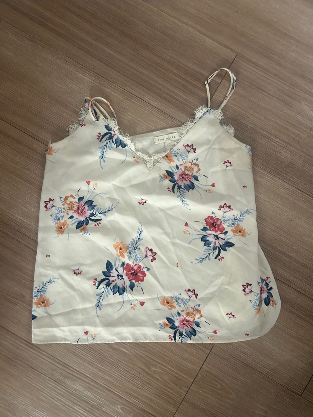 Socialite Cream Floral Lace-Trimmed Camisole with Blue and Pink Blooms